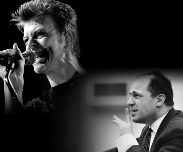 A singer performs with a microphone, and a man gestures while speaking at a podium in a black-and-white photo montage.