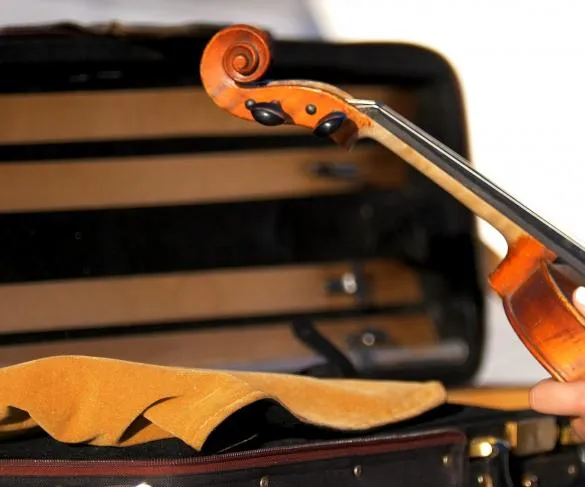 Close-up of a violin scroll peeking out from an open black case with a tan cloth inside.