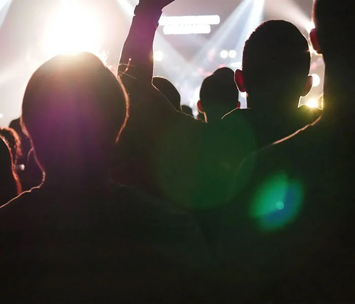 Audience members watch a performance under bright stage lights with one person raising their hand in a cheering gesture.