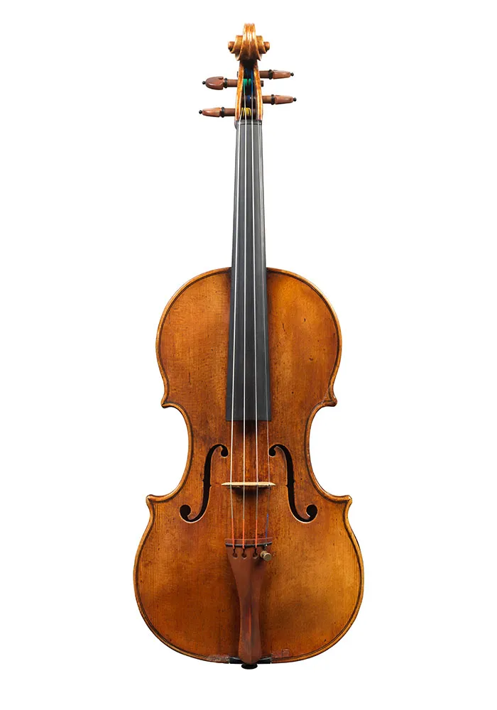 A full-sized violin with a wooden body, black fingerboard, and four strings, shown against a white background.