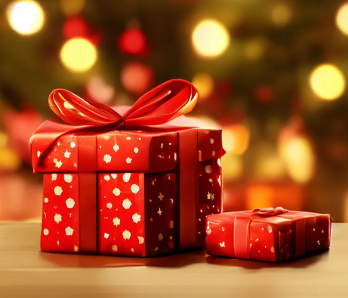 Two red gift boxes with ribbons, one larger than the other, sit on a wooden surface with a blurred festive background of lights.