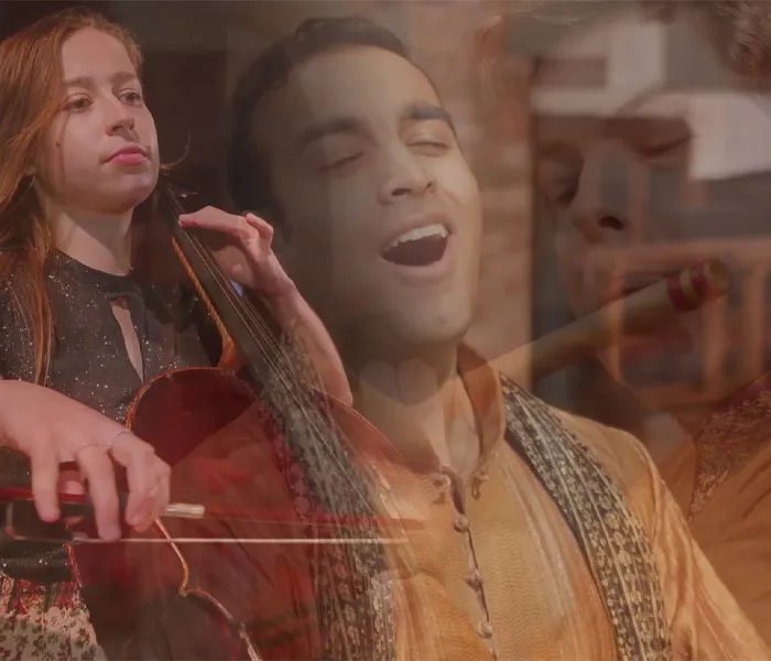 A woman plays a violin, a man sings with eyes closed, and another man plays a flute. The images are blended together.